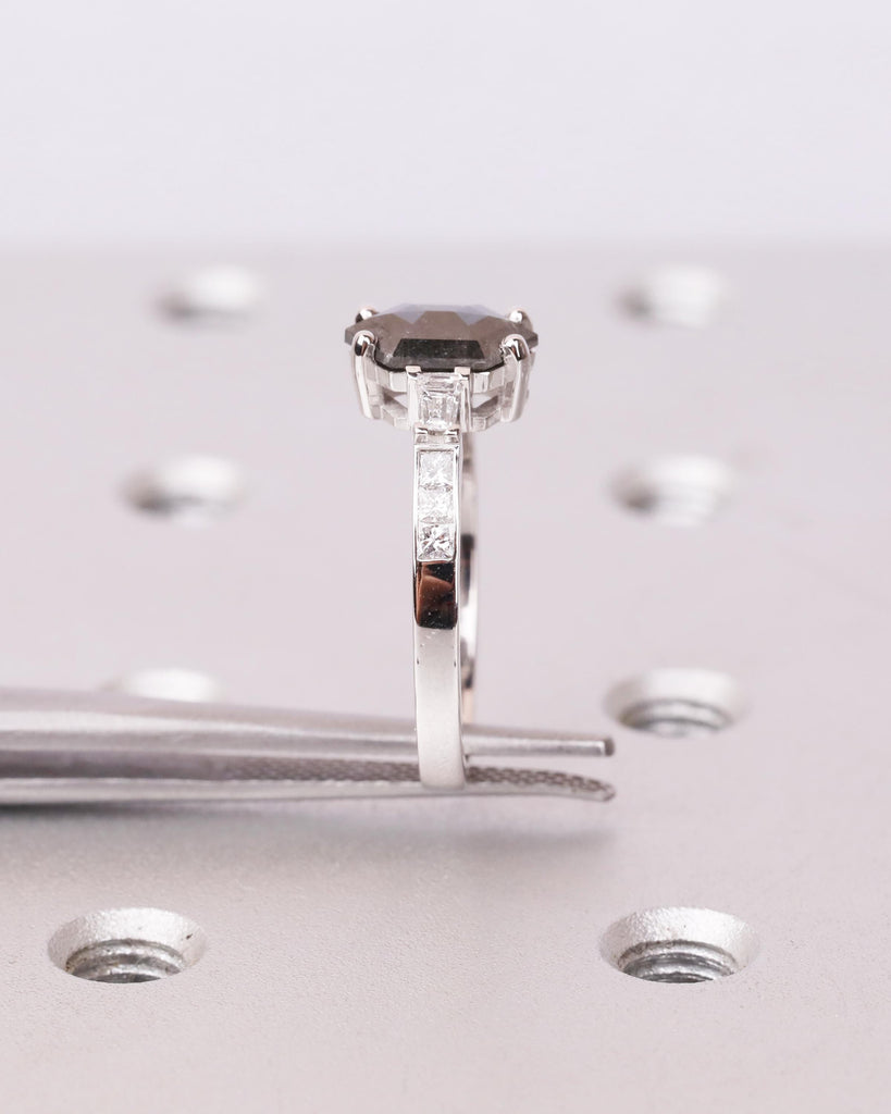 Salt and Pepper Diamond Hexagon Ring, 14K Gold Art Deco Engagement Ring, Princess and Tapered Diamond Baguette Accents, Unique Promise Ring image #9