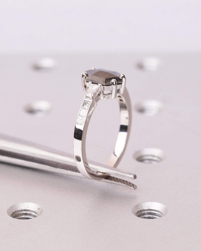 Salt and Pepper Diamond Hexagon Ring, 14K Gold Art Deco Engagement Ring, Princess and Tapered Diamond Baguette Accents, Unique Promise Ring image #8