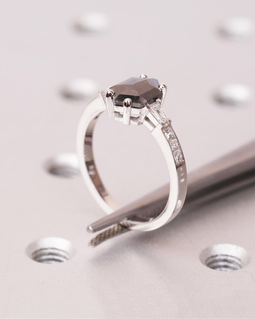 14K Solid Gold Vintage Salt and Pepper Diamond Engagement Ring | Princess Cut and Tapered Baguette Side Stones | Unique Promise Ring for Her image #7