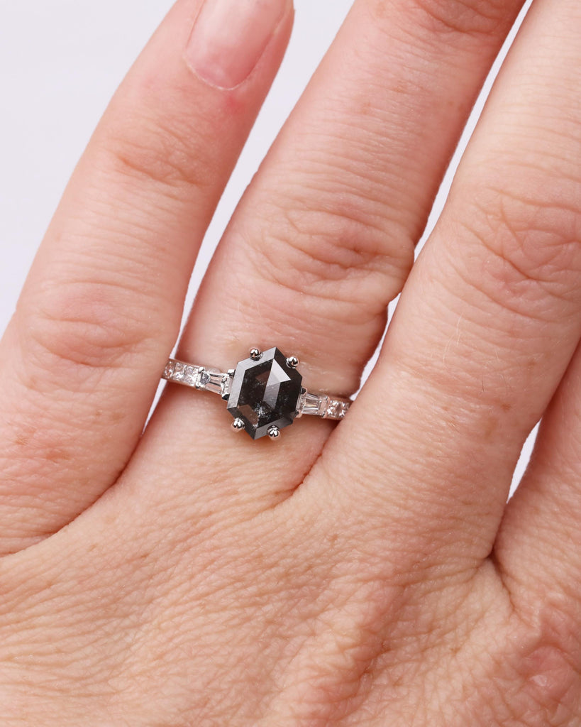 14K Solid Gold Vintage Salt and Pepper Diamond Engagement Ring | Princess Cut and Tapered Baguette Side Stones | Unique Promise Ring for Her image #2