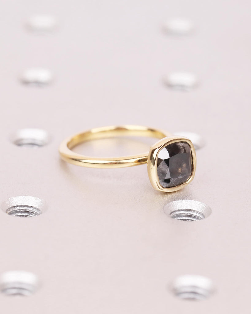 Salt and Pepper Diamond Engagement Ring | Bezel Set Cushion Cut Ring | Solitaire Diamond Ring | 14K Solid Gold Statement Rings for Women image #4