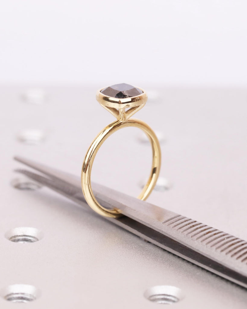 Salt and Pepper Diamond Engagement Ring | Bezel Set Cushion Cut Ring | Solitaire Diamond Ring | 14K Solid Gold Statement Rings for Women image #8