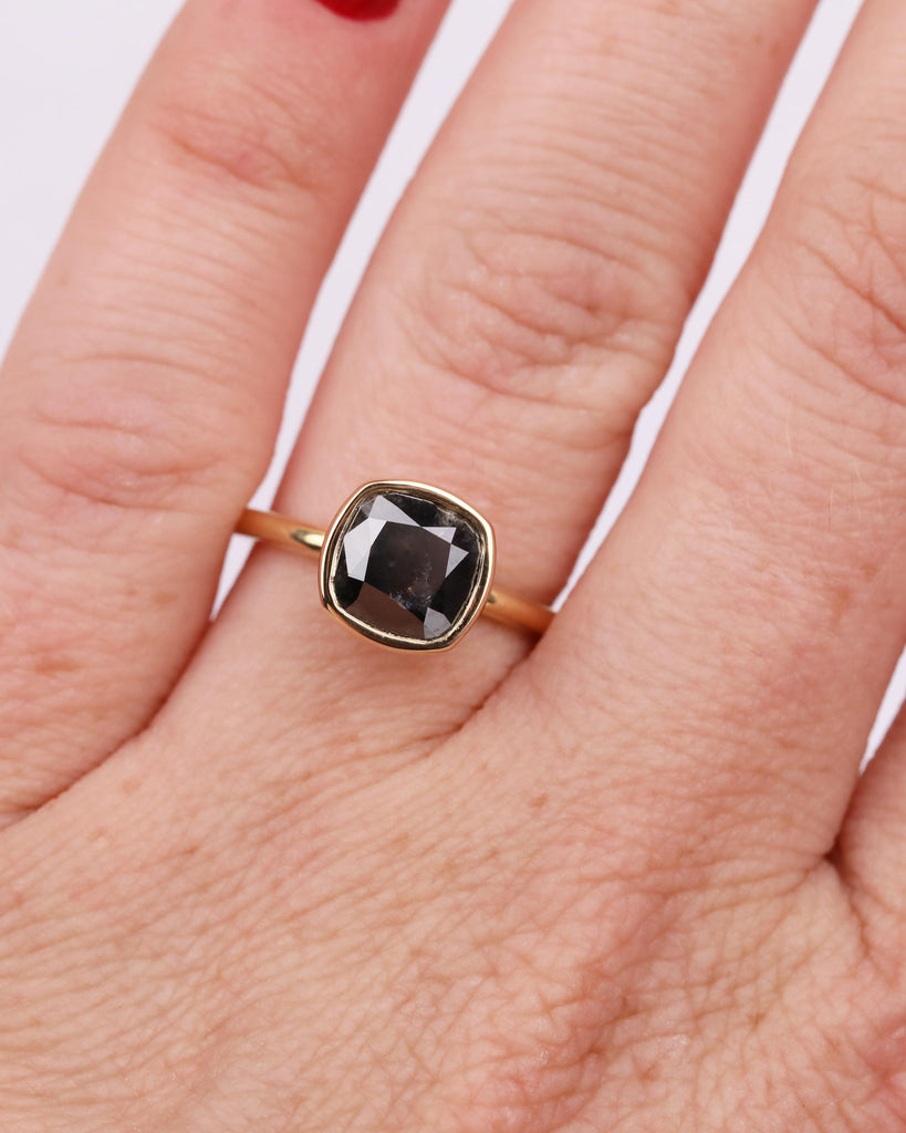 Salt and Pepper Diamond Engagement Ring | Bezel Set Cushion Cut Ring | Solitaire Diamond Ring | 14K Solid Gold Statement Rings for Women image #2