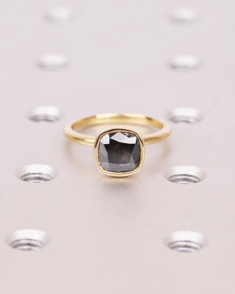 Salt and Pepper Diamond Engagement Ring | Bezel Set Cushion Cut Ring | Solitaire Diamond Ring | 14K Solid Gold Statement Rings for Women image #1