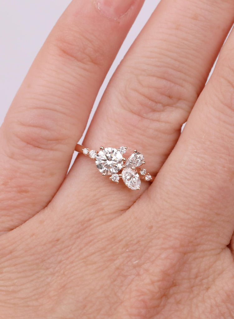 14K Gold Round Pear Cluster Engagement Ring – Nature Inspired Bridal Wedding Jewelry image #3