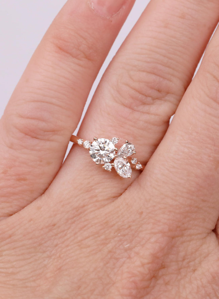 Round Pear 14K/18K Gold Cluster Engagement Ring 14k Rose Gold Leaf Bridal Ring Wedding Jewelry Nature Inspired Promise Ring Gift for Her image #2