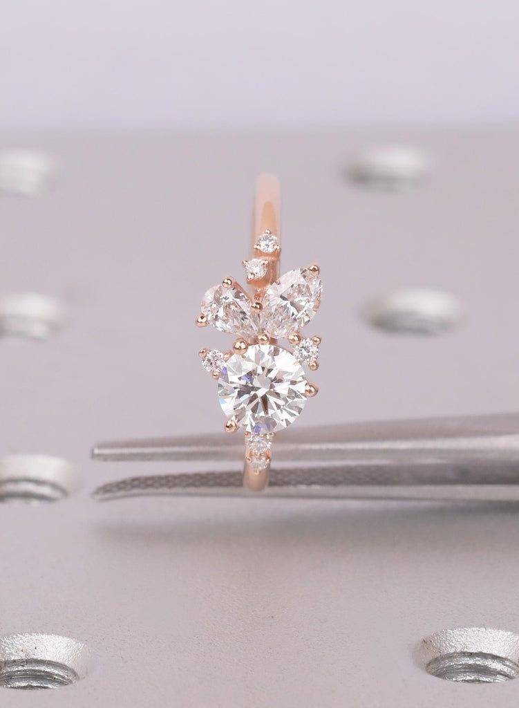 Round Pear 14K/18K Gold Cluster Engagement Ring 14k Rose Gold Leaf Bridal Ring Wedding Jewelry Nature Inspired Promise Ring Gift for Her image #10