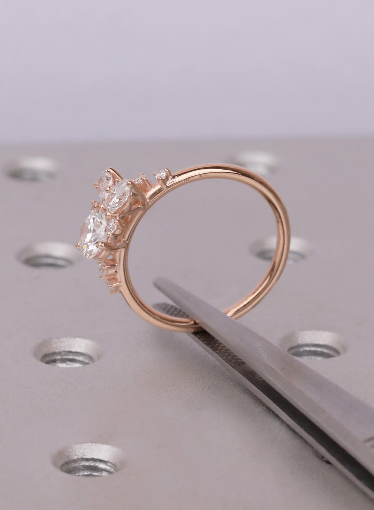 Round Pear 14K/18K Gold Cluster Engagement Ring 14k Rose Gold Leaf Bridal Ring Wedding Jewelry Nature Inspired Promise Ring Gift for Her image #9