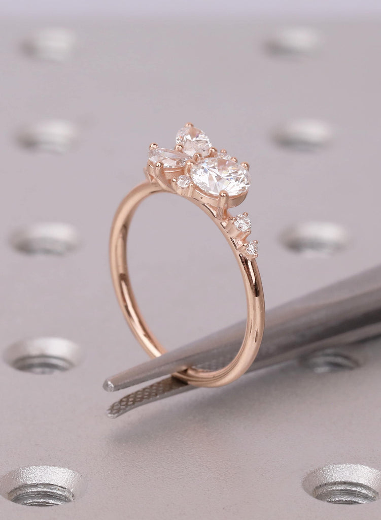 Round Pear 14K/18K Gold Cluster Engagement Ring 14k Rose Gold Leaf Bridal Ring Wedding Jewelry Nature Inspired Promise Ring Gift for Her image #14