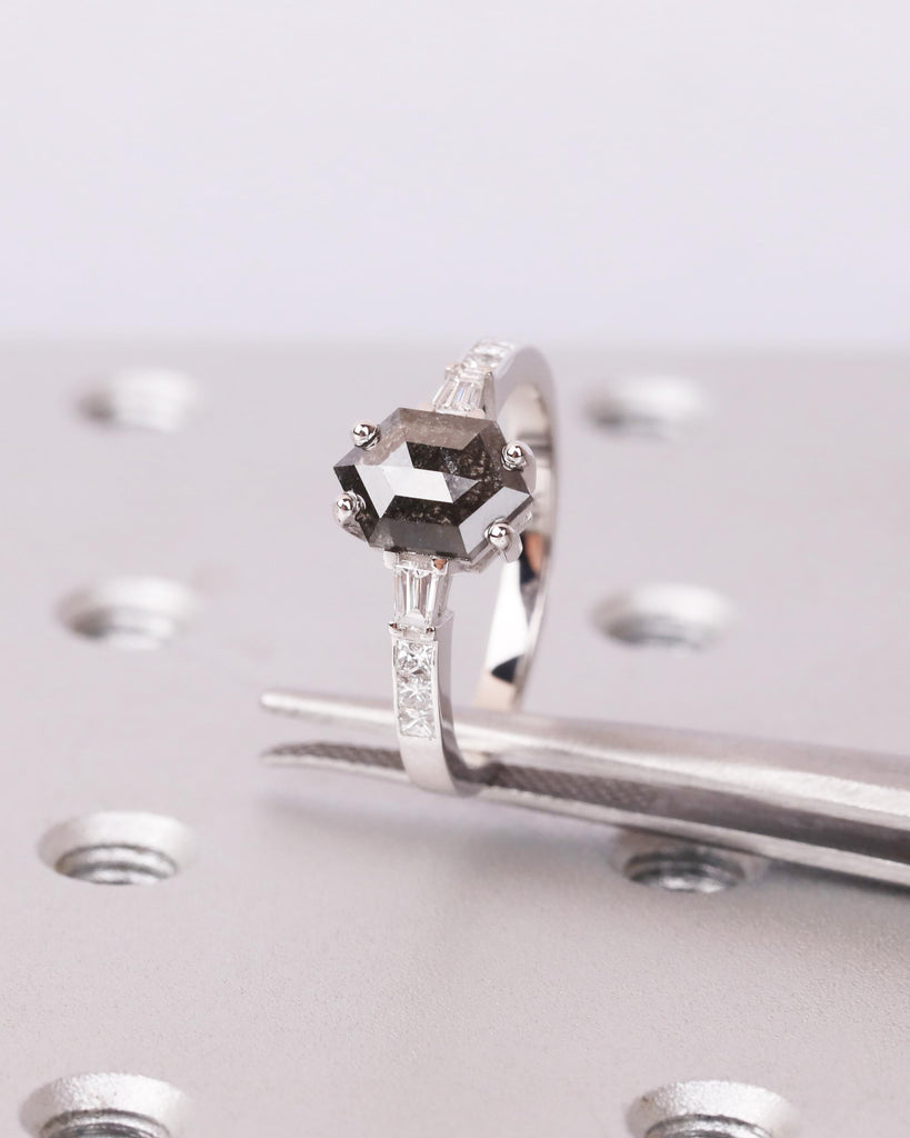 14K Solid Gold Vintage Salt and Pepper Diamond Engagement Ring | Princess Cut and Tapered Baguette Side Stones | Unique Promise Ring for Her image #1