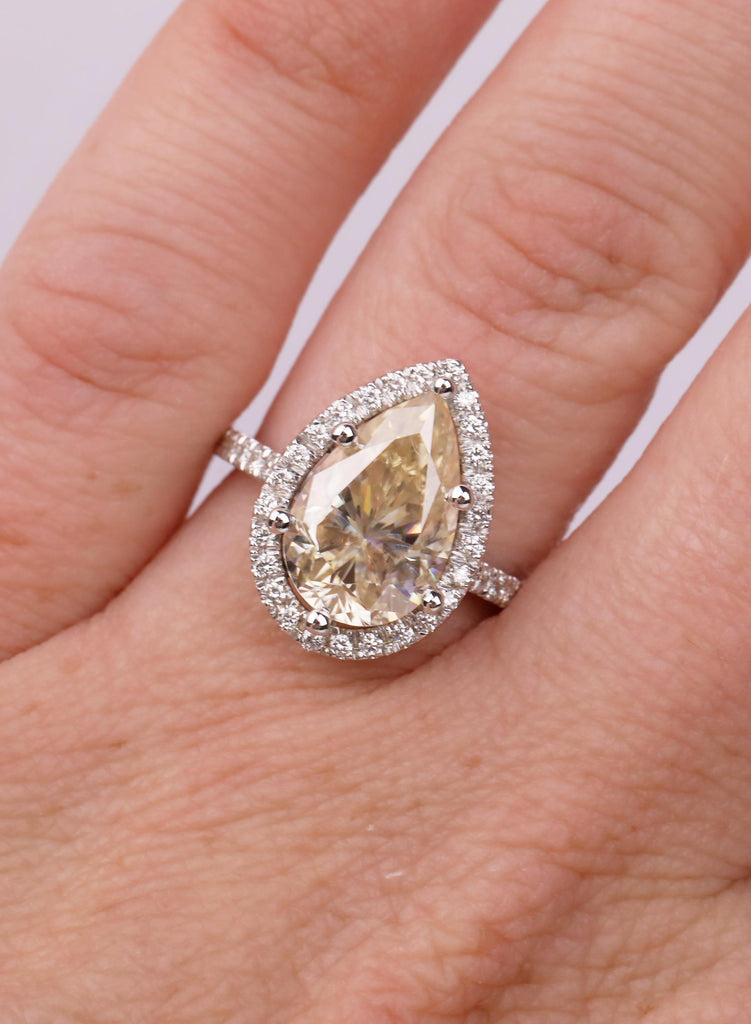 Pear Moissanite Engagement Ring, 14K White Gold Yellow Moissanite Diamond Halo Ring