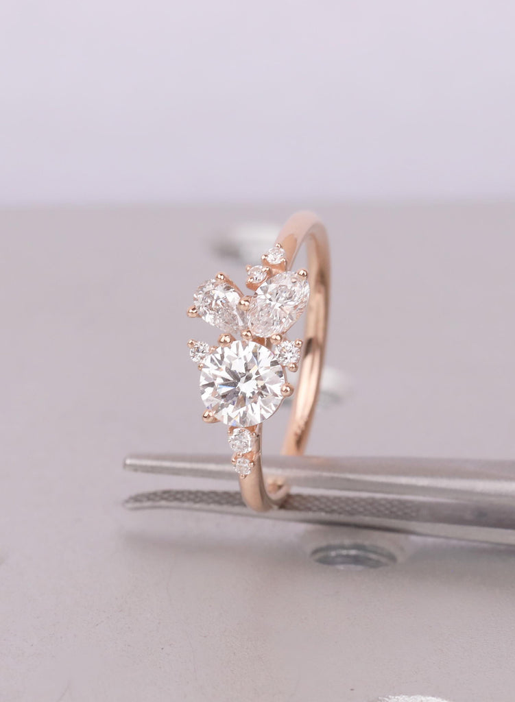 Round Pear 14K/18K Gold Cluster Engagement Ring 14k Rose Gold Leaf Bridal Ring Wedding Jewelry Nature Inspired Promise Ring Gift for Her image #1