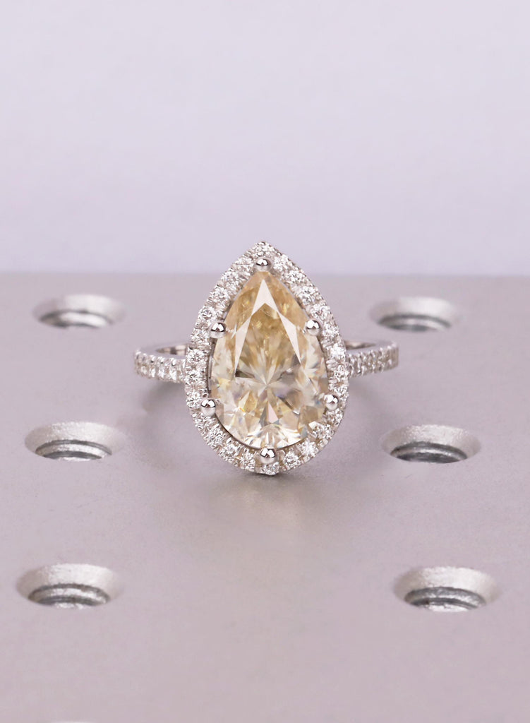 Pear Cut Canary Yellow Engagement Ring, 14K Solid Gold Halo Ring, Yellow Moissanite Engagement Ring, Anniversary Ring, White Gold Ring