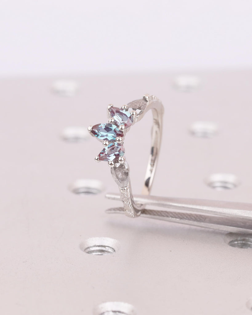 Alexandrite, Salt and Pepper Diamond Wedding Band Women, Platinum Crown Ring, Nature Jewelry image #4