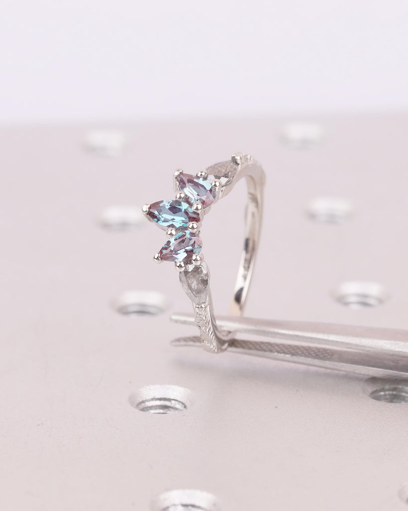 Vintage Wedding Band, Art Deco Nature Inspired Platinum Ring, Marquise Pear Cut Alexandrite Salt And Pepper Diamond Matching Rings for Women image #4