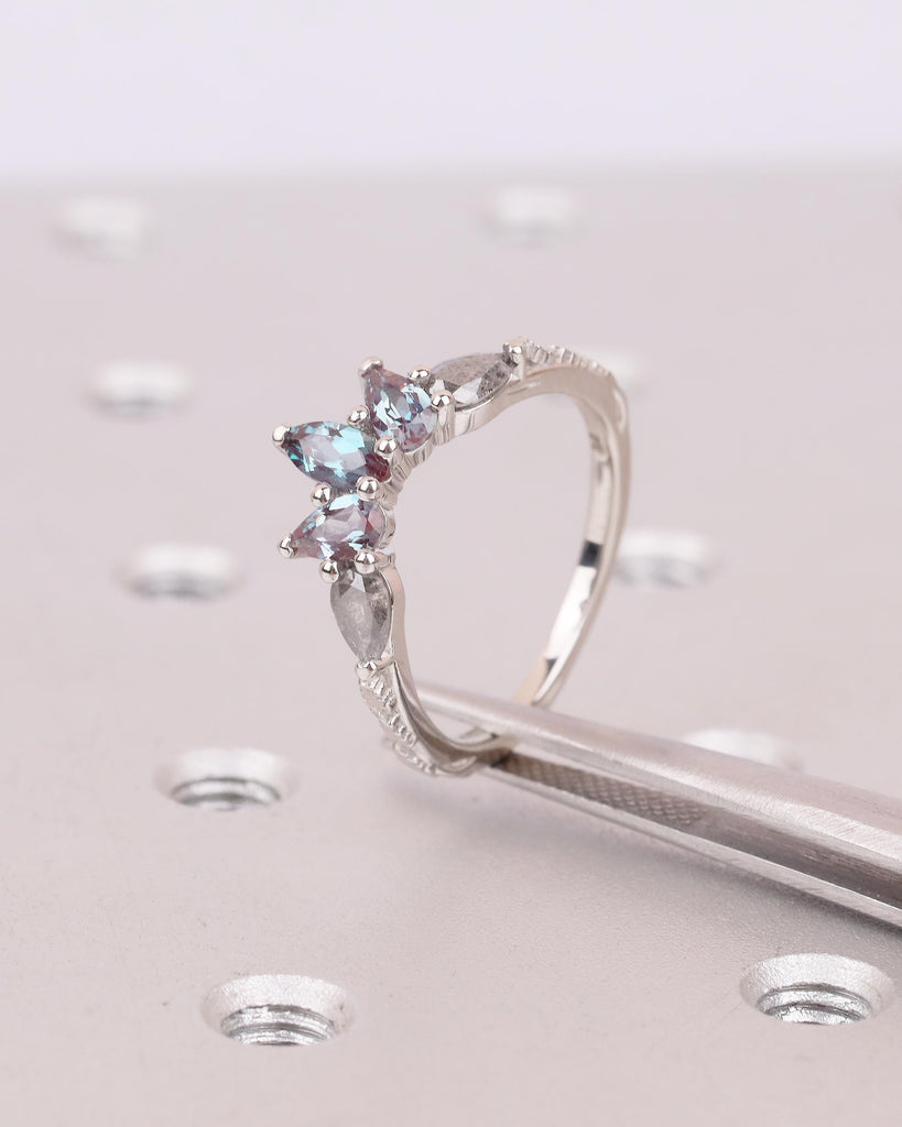 Vintage Wedding Band, Art Deco Nature Inspired Platinum Ring, Marquise Pear Cut Alexandrite Salt And Pepper Diamond Matching Rings for Women image #16