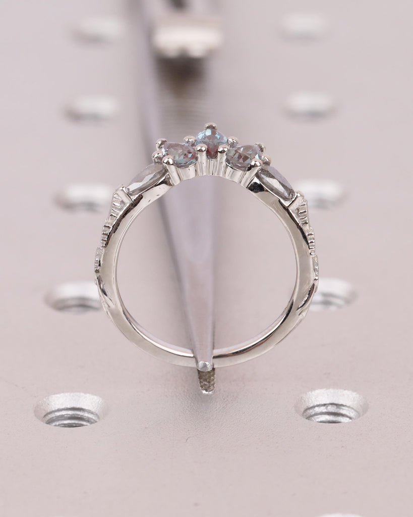 Vintage Wedding Band, Art Deco Nature Inspired Platinum Ring, Marquise Pear Cut Alexandrite Salt And Pepper Diamond Matching Rings for Women image #7