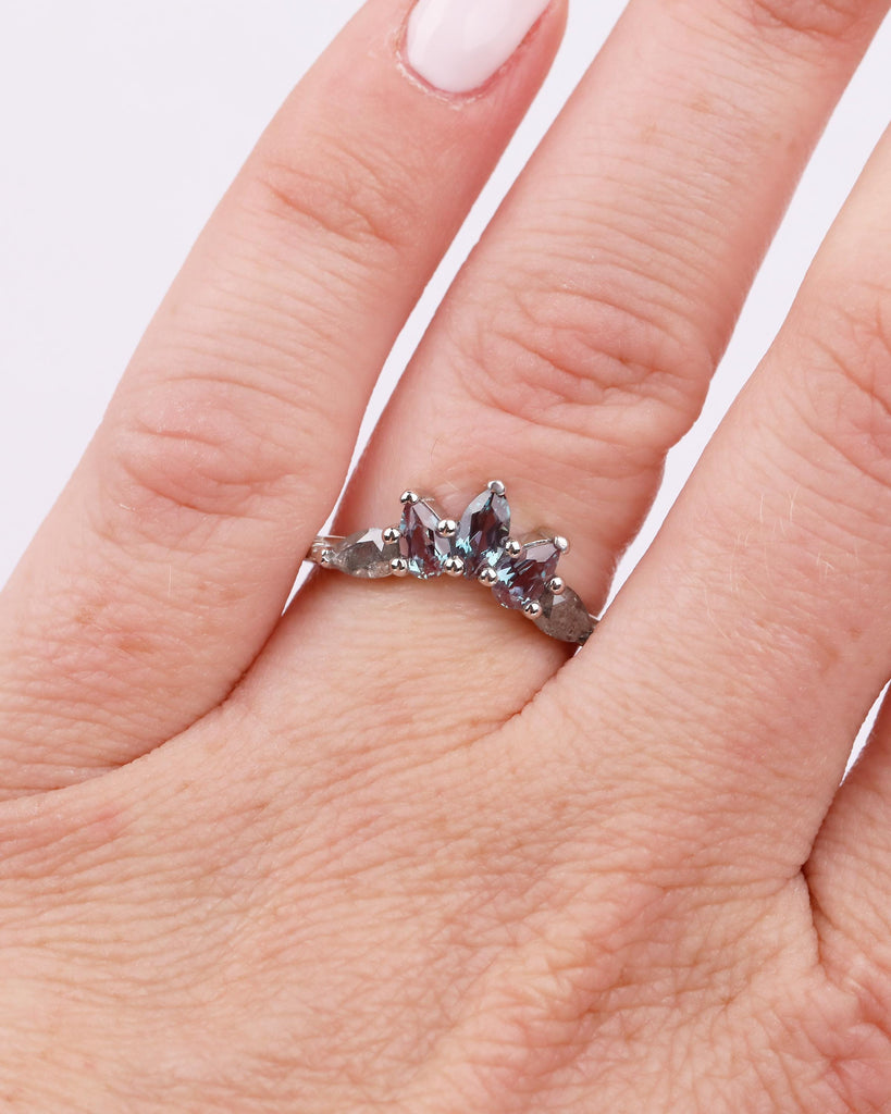Vintage Wedding Band, Art Deco Nature Inspired Platinum Ring, Marquise Pear Cut Alexandrite Salt And Pepper Diamond Matching Rings for Women image #9