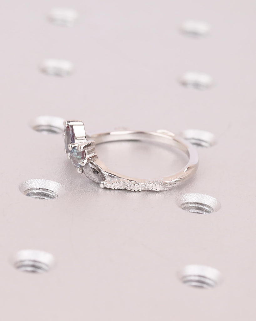 Vintage Wedding Band, Art Deco Nature Inspired Platinum Ring, Marquise Pear Cut Alexandrite Salt And Pepper Diamond Matching Rings for Women image #15