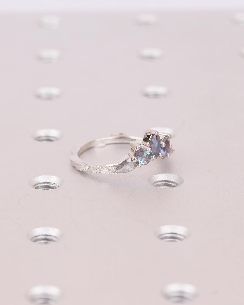 Vintage Wedding Band, Art Deco Nature Inspired Platinum Ring, Marquise Pear Cut Alexandrite Salt And Pepper Diamond Matching Rings for Women image #10