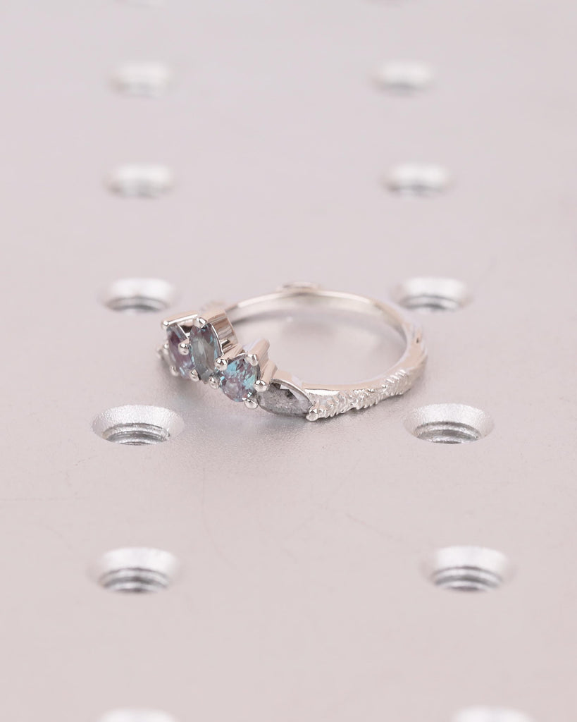 Alexandrite, Salt and Pepper Diamond Wedding Band Women, Platinum Crown Ring, Nature Jewelry image #3