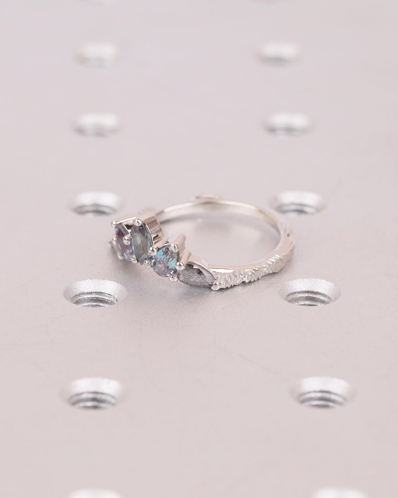Vintage Wedding Band, Art Deco Nature Inspired Platinum Ring, Marquise Pear Cut Alexandrite Salt And Pepper Diamond Matching Rings for Women image #3