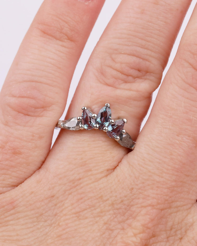 Alexandrite, Salt and Pepper Diamond Wedding Band Women, Platinum Crown Ring, Nature Jewelry image #1