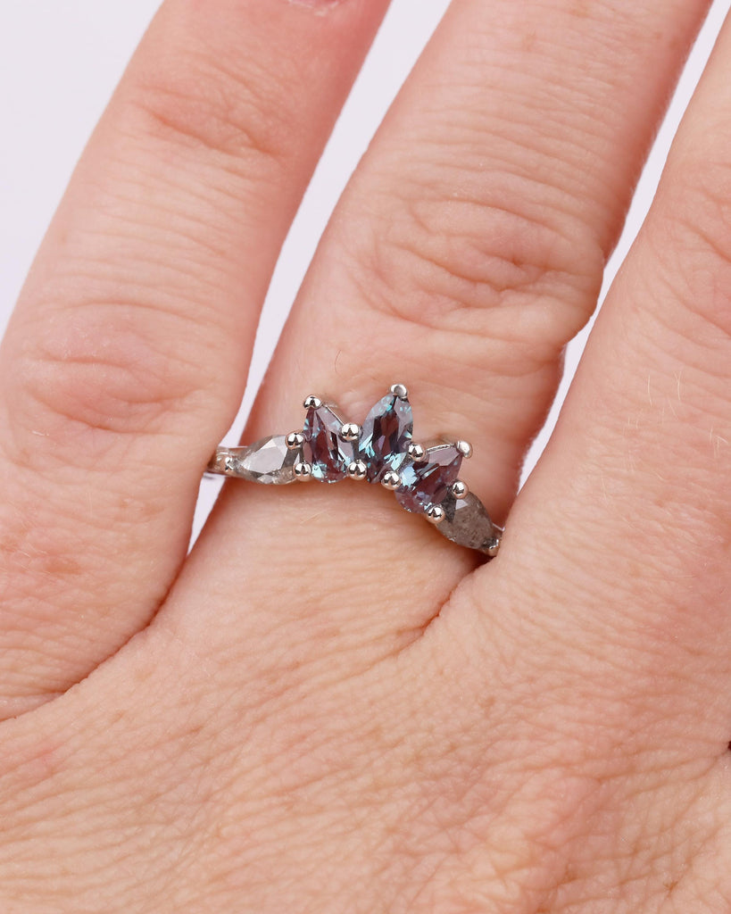 Vintage Wedding Band, Art Deco Nature Inspired Platinum Ring, Marquise Pear Cut Alexandrite Salt And Pepper Diamond Matching Rings for Women image #2
