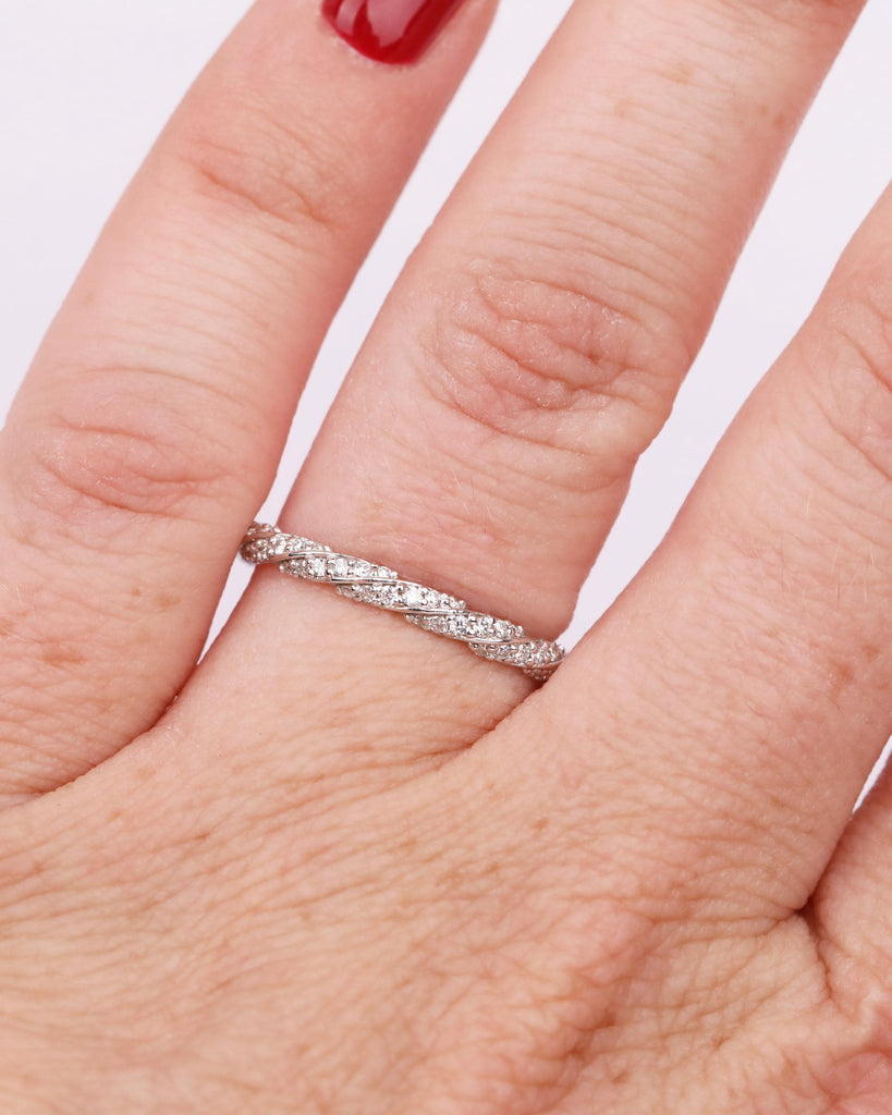 14K Solid Gold Infinity Twisted Diamond Wedding Band, Art Deco Wedding Band, Lab Diamond Stacking Ring, 3/4 Eternity Moissanite Wedding Band image #2