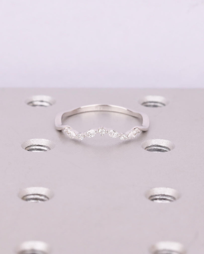 Vintage White Gold Diamond Curved Wedding Band, Alternating Marquise and Round Moissanite Cluster Ring, Dainty Wedding Band, Bridal Jewelry image #3