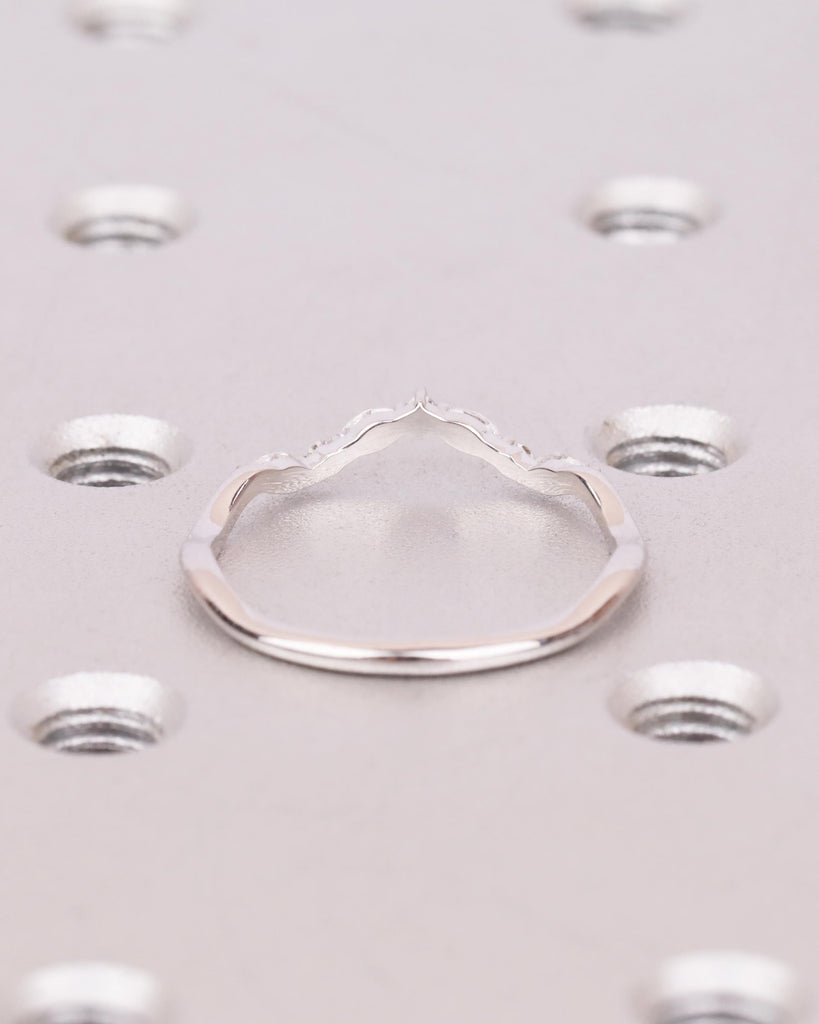 Vintage White Gold Diamond Curved Wedding Band, Alternating Marquise and Round Moissanite Cluster Ring, Dainty Wedding Band, Bridal Jewelry image #5