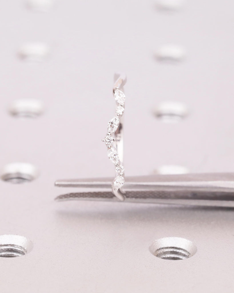 Vintage White Gold Diamond Curved Wedding Band, Alternating Marquise and Round Moissanite Cluster Ring, Dainty Wedding Band, Bridal Jewelry image #7