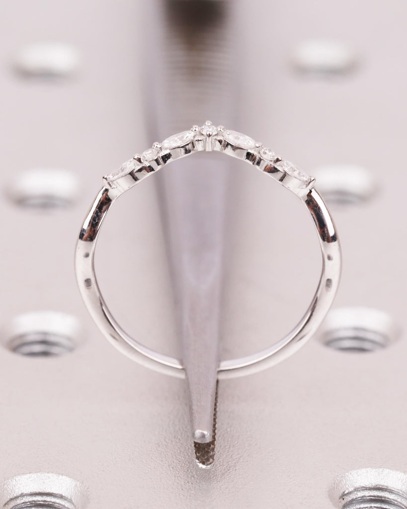 Vintage Diamond or Moissanite Curved Wedding Band in 14K Solid Gold, Marquise and Round cut Cluster Ring, Dainty Matching Ring for Women image #10