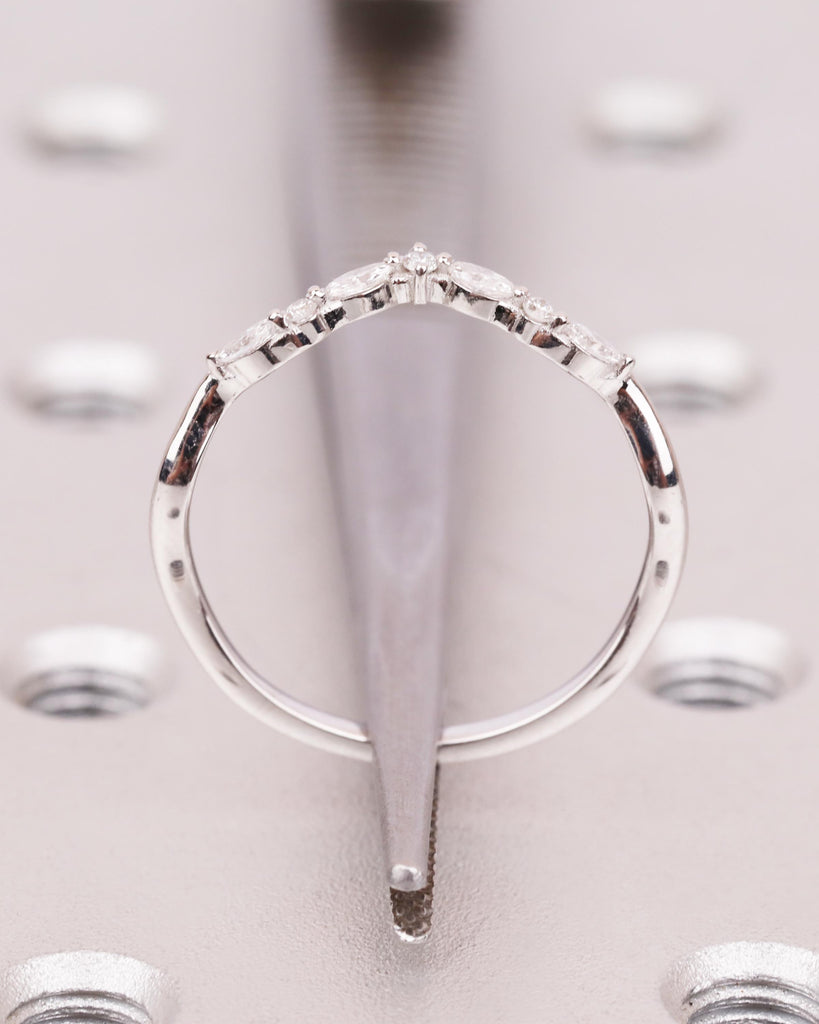 Vintage White Gold Diamond Curved Wedding Band, Alternating Marquise and Round Moissanite Cluster Ring, Dainty Wedding Band, Bridal Jewelry image #10