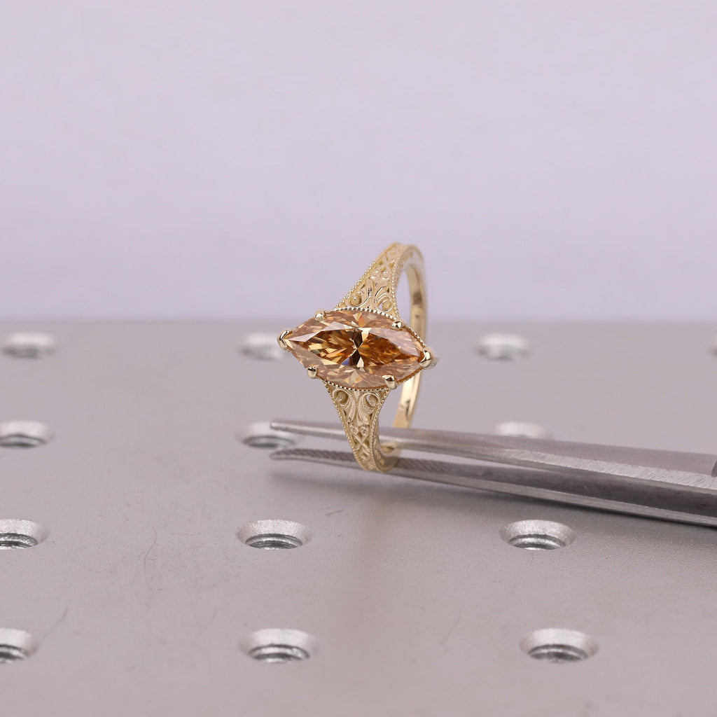 Marquise Moissanite Brown Gemstone Engagement Rings for Women | Solid Gold Antique Jewelry | Handmade Filigree Ring Heirloom Ring