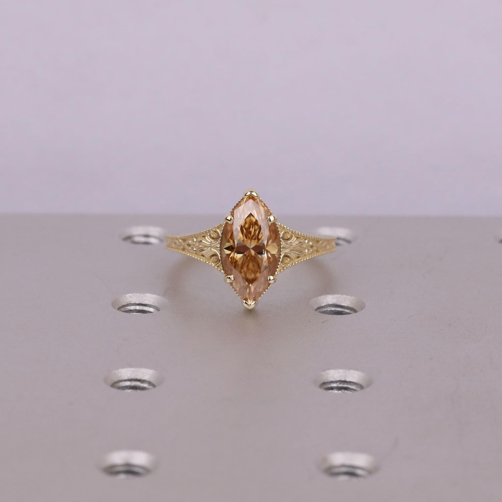 Brownish Diamond Vintage Engagement Ring | Marquise Solitaire Women Gold Rings | Lab Grown Diamond Promise Ring Anniversary Gift image #8