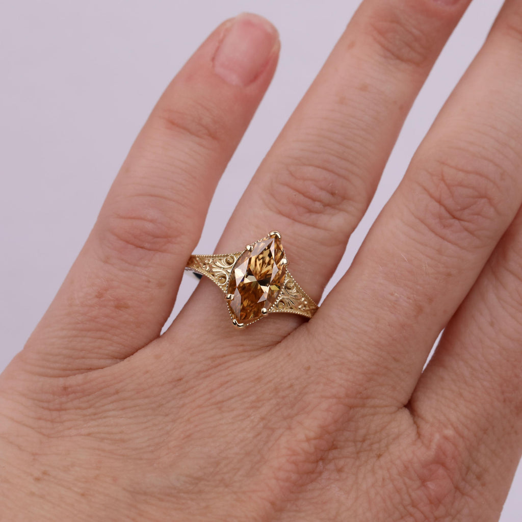 Brownish Diamond Vintage Engagement Ring | Marquise Solitaire Women Gold Rings | Lab Grown Diamond Promise Ring Anniversary Gift image #14