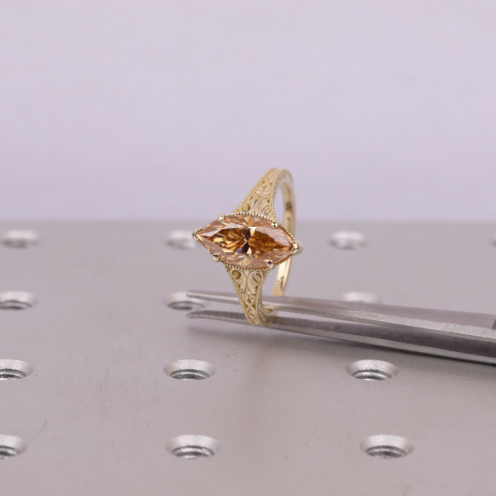 Brownish Diamond Vintage Engagement Ring | Marquise Solitaire Women Gold Rings | Lab Grown Diamond Promise Ring Anniversary Gift image #3