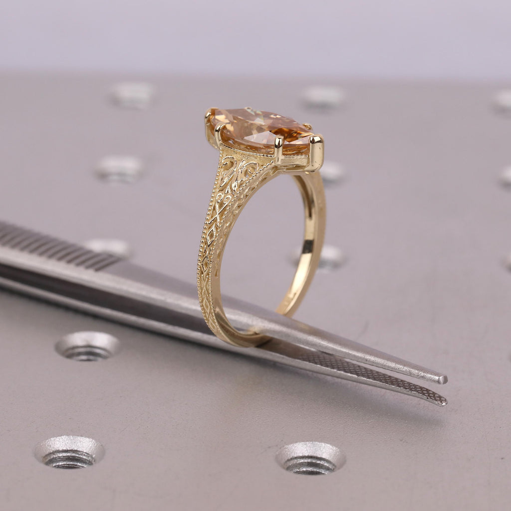 Brownish Diamond Vintage Engagement Ring | Marquise Solitaire Women Gold Rings | Lab Grown Diamond Promise Ring Anniversary Gift image #5