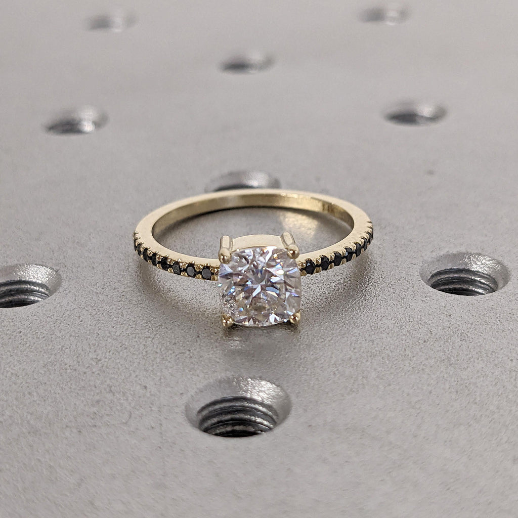 Solid Gold Diamond Engagement Rings for Women | Cushion Cut Lab Grown Diamond Thin Wedding Band | Black and White Diamond Bridal Jewelry image #3