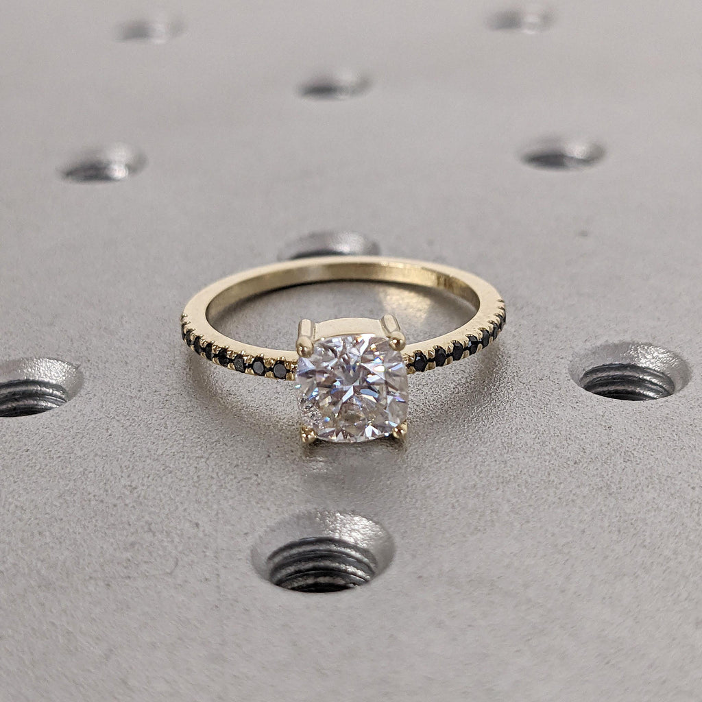 14k Yellow Gold Lab Created Diamond Promise Ring | Unique Black and White Diamond Wedding Ring | Anniversary Gift for Wife image #8