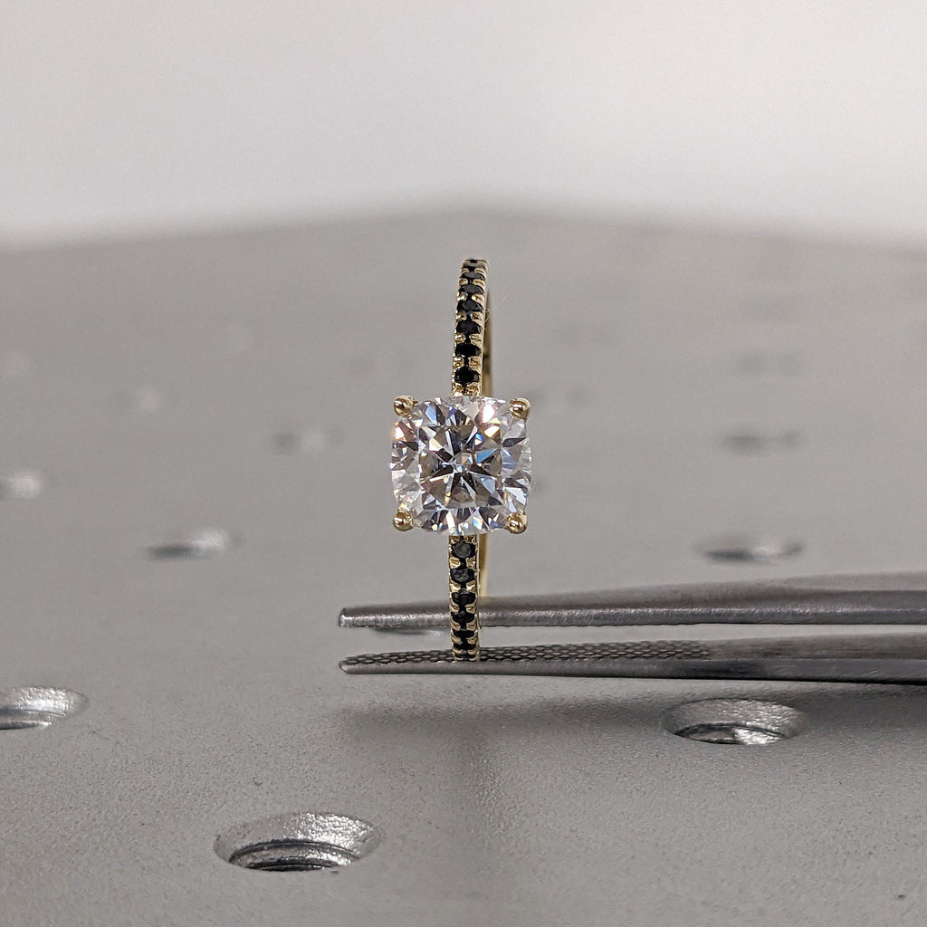 14k Yellow Gold Lab Created Diamond Promise Ring | Unique Black and White Diamond Wedding Ring | Anniversary Gift for Wife image #7