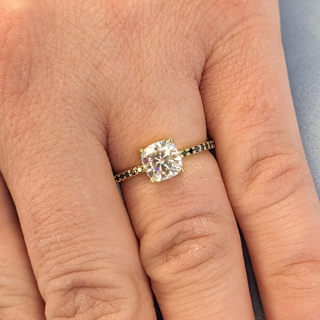 14k Yellow Gold Lab Created Diamond Promise Ring | Unique Black and White Diamond Wedding Ring | Anniversary Gift for Wife image #2
