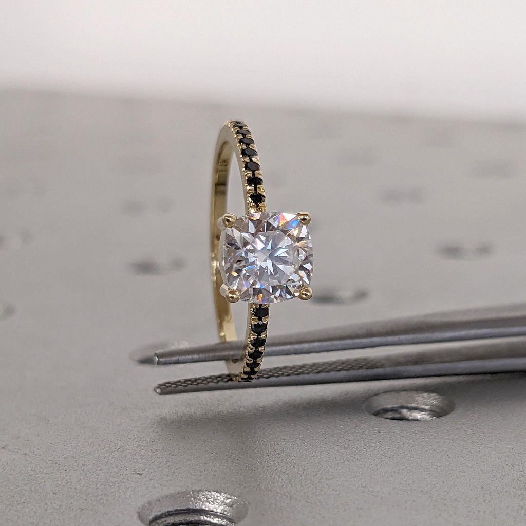 14k Yellow Gold Lab Created Diamond Promise Ring | Unique Black and White Diamond Wedding Ring | Anniversary Gift for Wife image #4