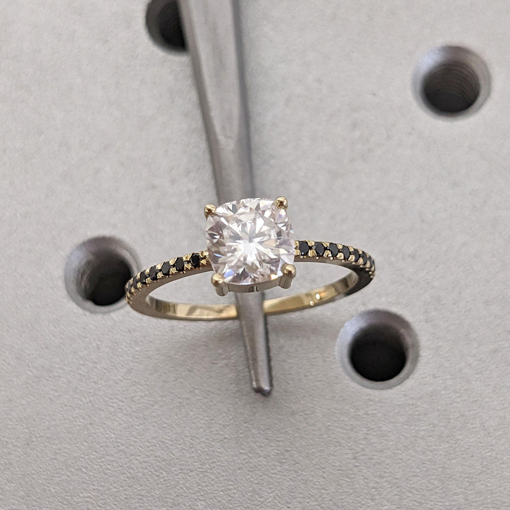 Solid Gold Diamond Engagement Rings for Women | Cushion Cut Lab Grown Diamond Thin Wedding Band | Black and White Diamond Bridal Jewelry image #1