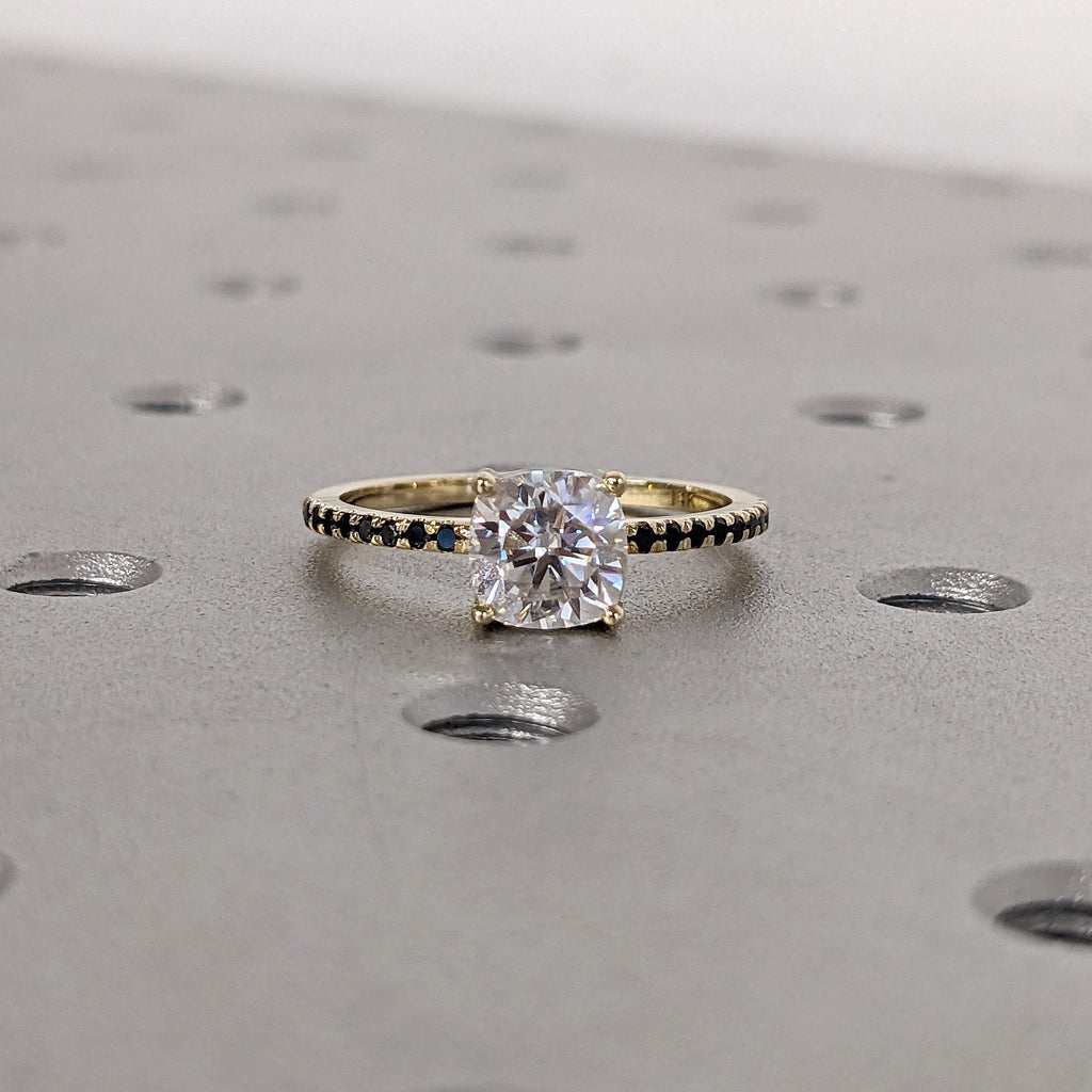 14k Yellow Gold Lab Created Diamond Promise Ring | Unique Black and White Diamond Wedding Ring | Anniversary Gift for Wife image #1