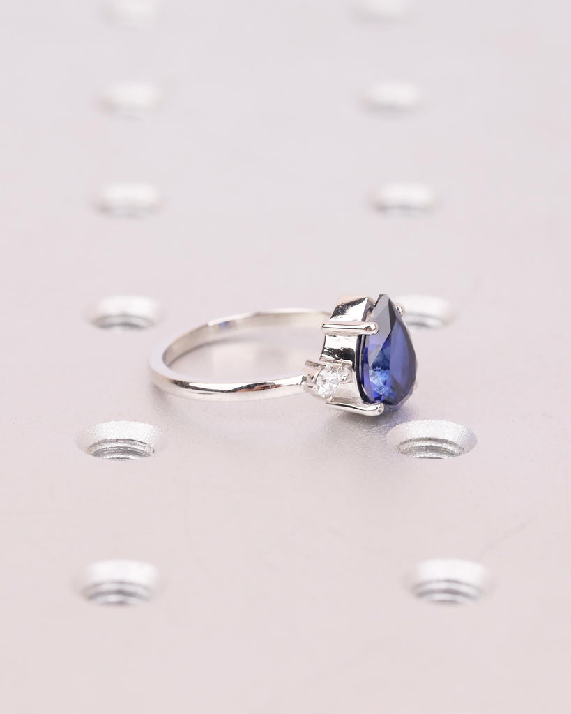 Pear Cut Blue Sapphire Engagement Ring with Diamond Accents, Platinum Three Stone Ring image #4