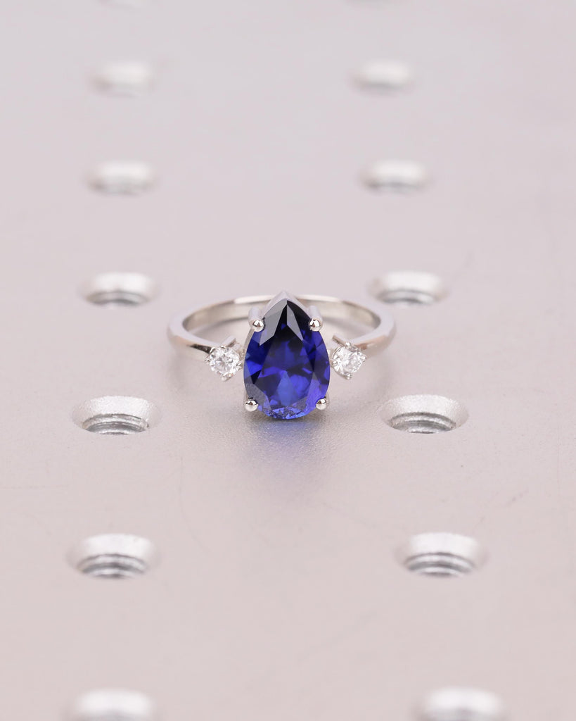 Pear Cut Blue Sapphire Engagement Ring with Diamond Accents, Platinum Three Stone Ring image #8