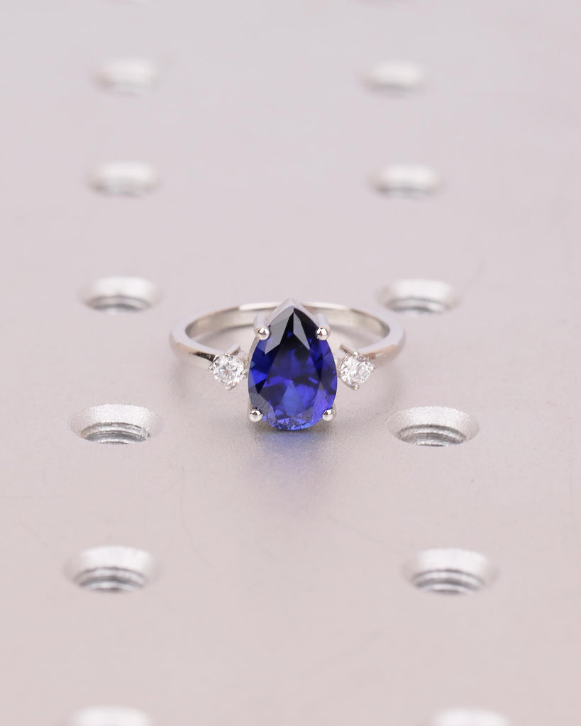 Pear Cut Blue Sapphire Engagement Ring with Diamond Accents, Platinum Three Stone Ring image #13