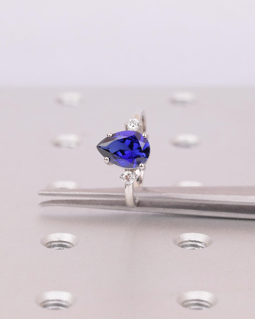 Pear Cut Blue Sapphire Engagement Ring with Diamond Accents, Platinum Three Stone Ring image #10